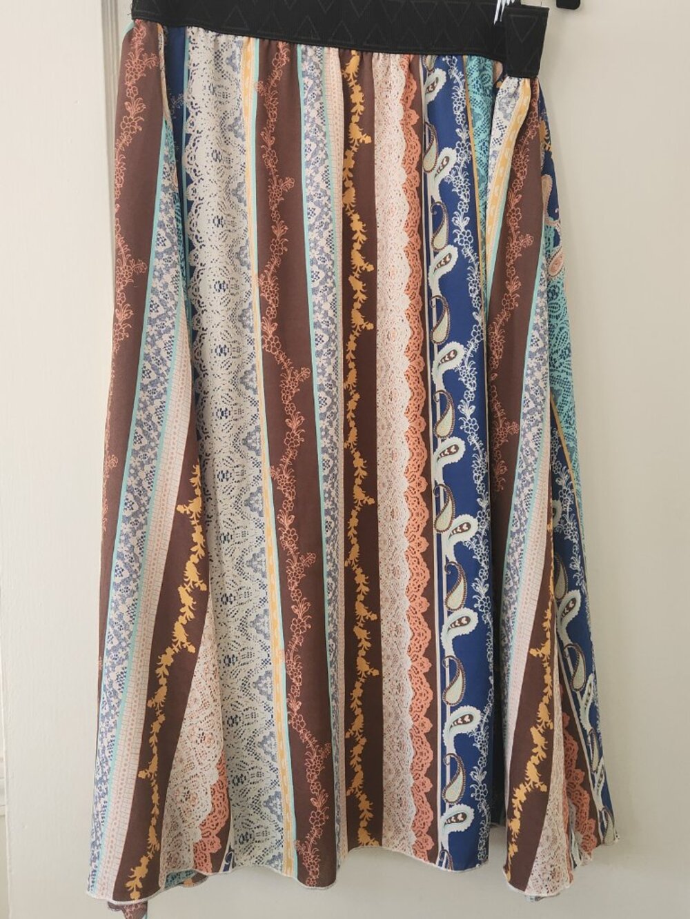 LuLaRoe Lola Skirt Large Blue & Brown Vertical Stripe Elegant Flowy Midi